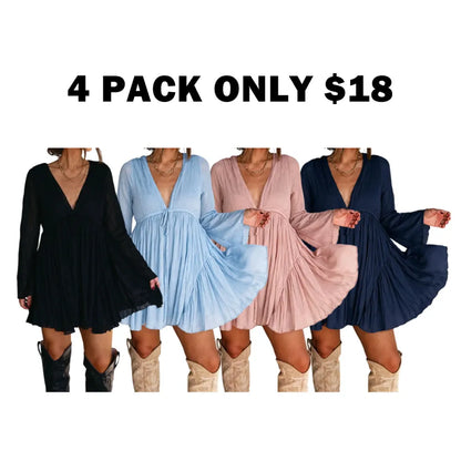 Women's V Neck Long Sleeve Dress with Pants Lining