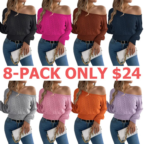 Women's Plain Textured Hollow Out Asymmetrical Neck Sweater