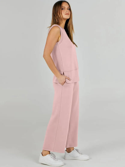 Women's 2 Piece Sets Summer Outfits Sleeveless Wide Leg Tracksuits Casual Sweat Sets Lounge Sweatsuits