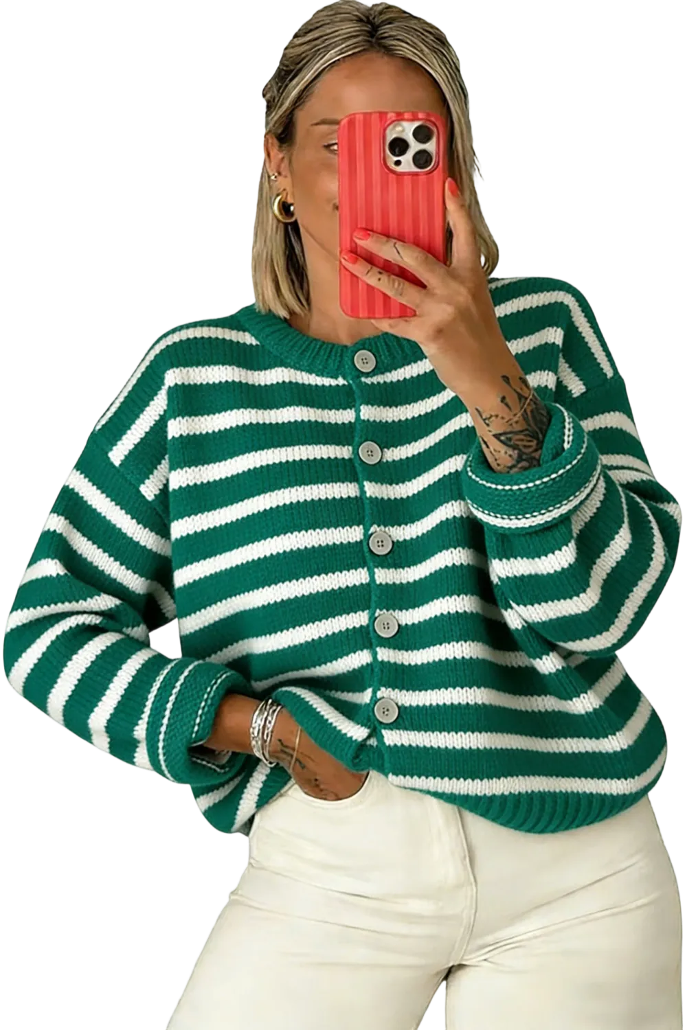 Women's striped button-up cardigan sweater