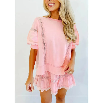 Women's 2 Piece Cotton Lace Trim Outfit Set