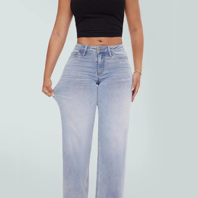 Mid-low Rise Baggy Jeans Stretchy Wide Leg for Women Distressed Pants Womenswear Bottom Lady Basic Minimalist Comfortable Denim Tummy Control Curve Hugging Plus Size Regular Size BBL