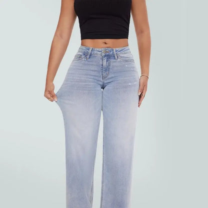 Mid-low Rise Baggy Jeans Stretchy Wide Leg for Women Distressed Pants Womenswear Bottom Lady Basic Minimalist Comfortable Denim Tummy Control Curve Hugging Plus Size Regular Size BBL