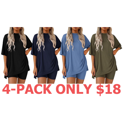 Women's Summer Two-Piece Set 2025 Casual Oversized Crewneck Split Hem Shirts & Side Pocket Biker Shorts Minimalist Lounge Wear Soft Viscose Fabric Comfy Homewear Cozy Pjs