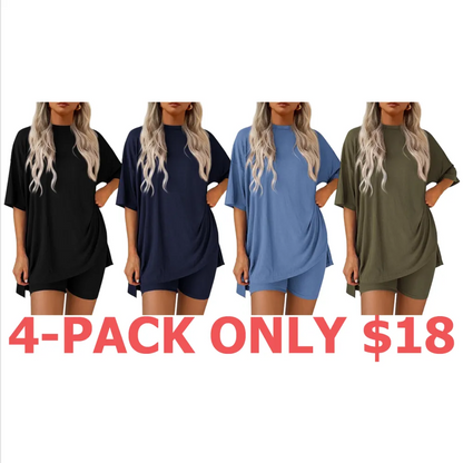 Women's Summer Two-Piece Set 2025 Casual Oversized Crewneck Split Hem Shirts & Side Pocket Biker Shorts Minimalist Lounge Wear Soft Viscose Fabric Comfy Homewear Cozy Pjs