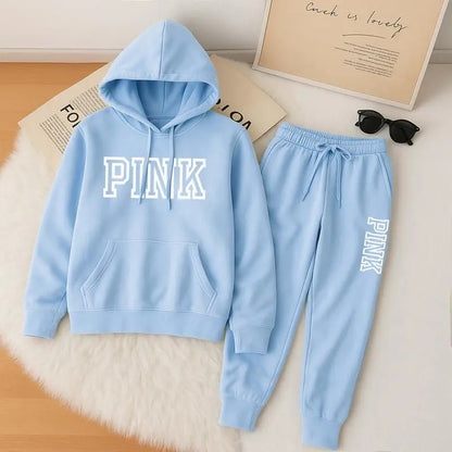 Women's Pink Print Hoodie And Drawstring Track Pants Set, Casual Sportswear, Long-Sleeved Hooded Jacket And Pants, Suitable For Autumn And Winter, Everyday Wear, Indoor And Outdoor Sportswear, Casual Sportswear.