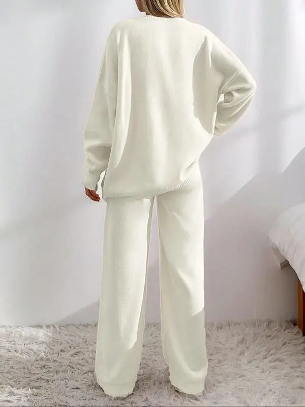 Women's Solid Button Front Drop Shoulder V Neck Cardigan & Elastic Waist Wide Leg