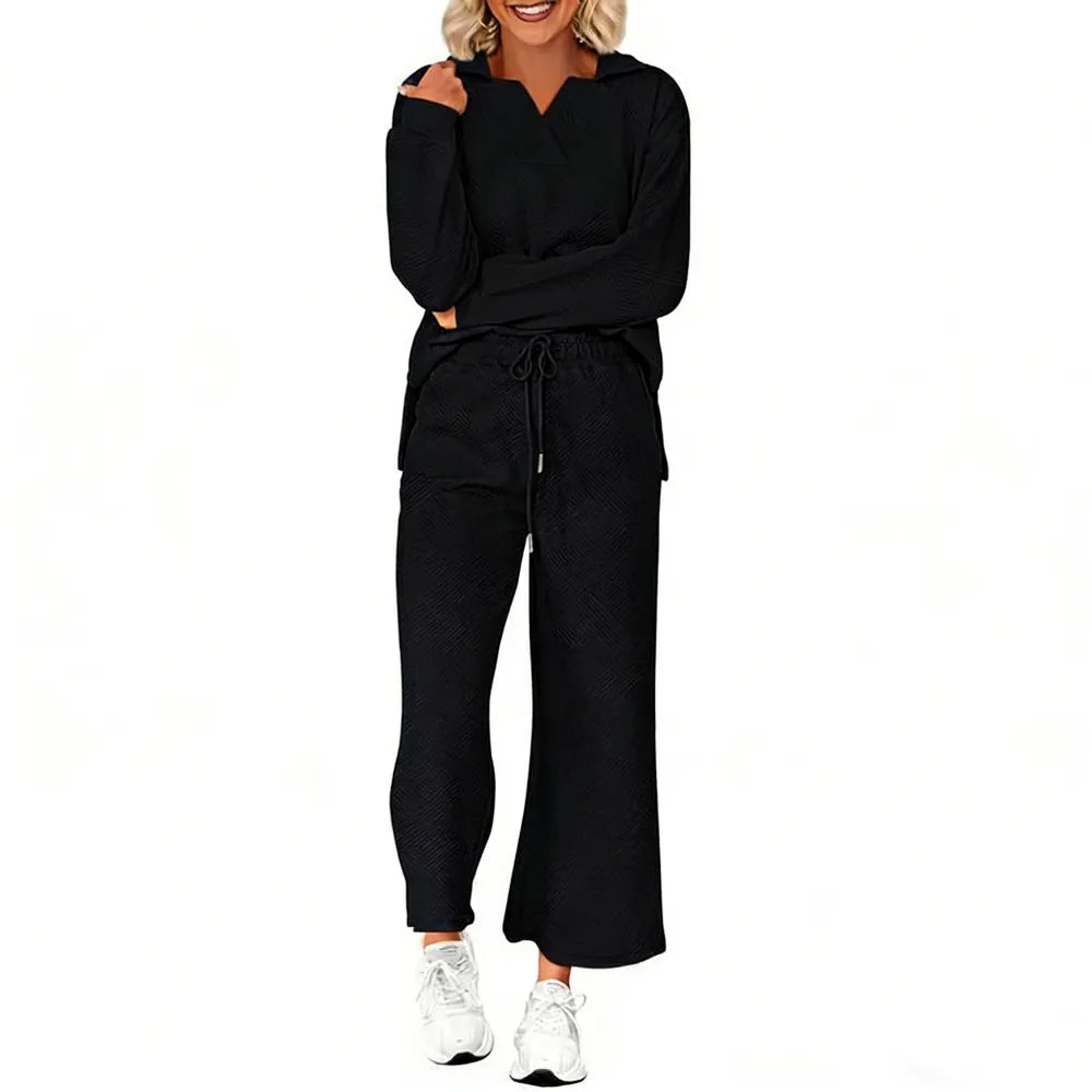 Women 2-Piece Outfit 2025 Fall Winter Lapel V Neck Long Sleeve Pullover and Wide Leg Pants Lounge Sets Pockets