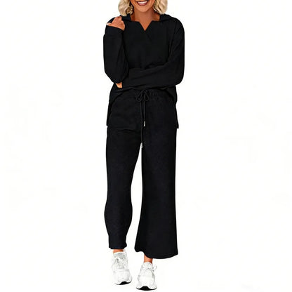 Women 2-Piece Outfit 2025 Fall Winter Lapel V Neck Long Sleeve Pullover and Wide Leg Pants Lounge Sets Pockets