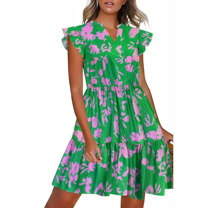 Women's Floral Printed Ruffle Sleeve Tiered Mini Dress