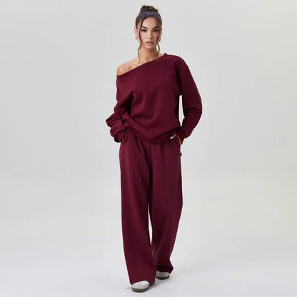 Women's Leisure Solid Color Sloping Shoulder Long Sleeve Top & Wide Leg Trousers Co-ord