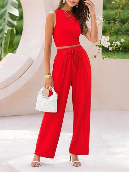 Women's Summer 2-Piece Outfits - Ribbed Knit Crew Neck Sleeveless Cropped Top & Wide Leg Pants Lounge Set