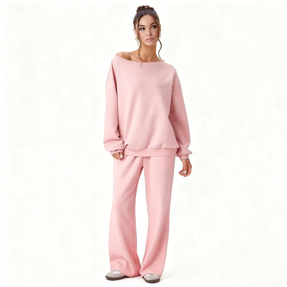 Women's Leisure Solid Color Sloping Shoulder Long Sleeve Top & Wide Leg Trousers Co-ord
