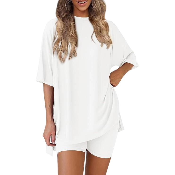 Women's Casual Oversized Crewneck Split Hem Shirts & Side Pocket Shorts Set