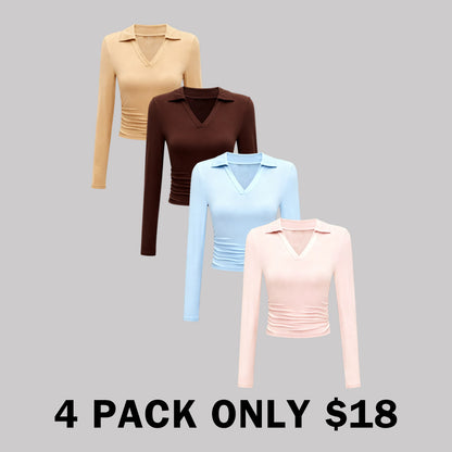 Knit Solid Color Long Sleeve V Neck Top
