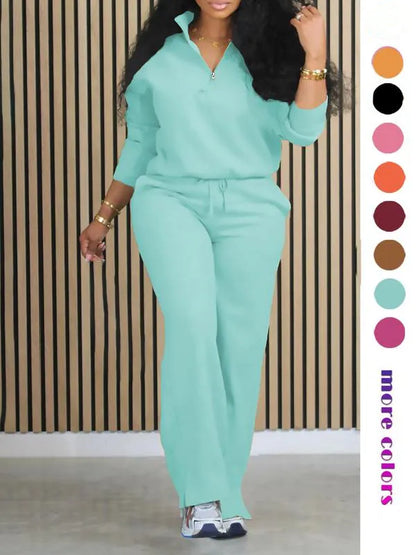 Women's Solid Casual Long Sleeve Top & Pocket Wide Leg