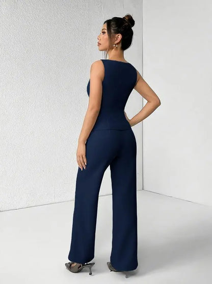 Women's Solid Button Front Tank Top & Wide Leg Pants Set