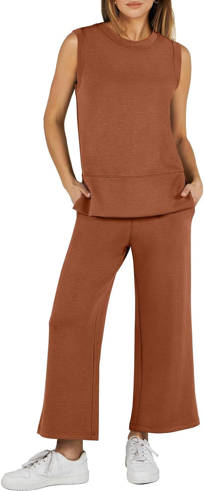 Women's 2 Piece Sets Summer Outfits Sleeveless Wide Leg Tracksuits Casual Sweat Sets Lounge Sweatsuits
