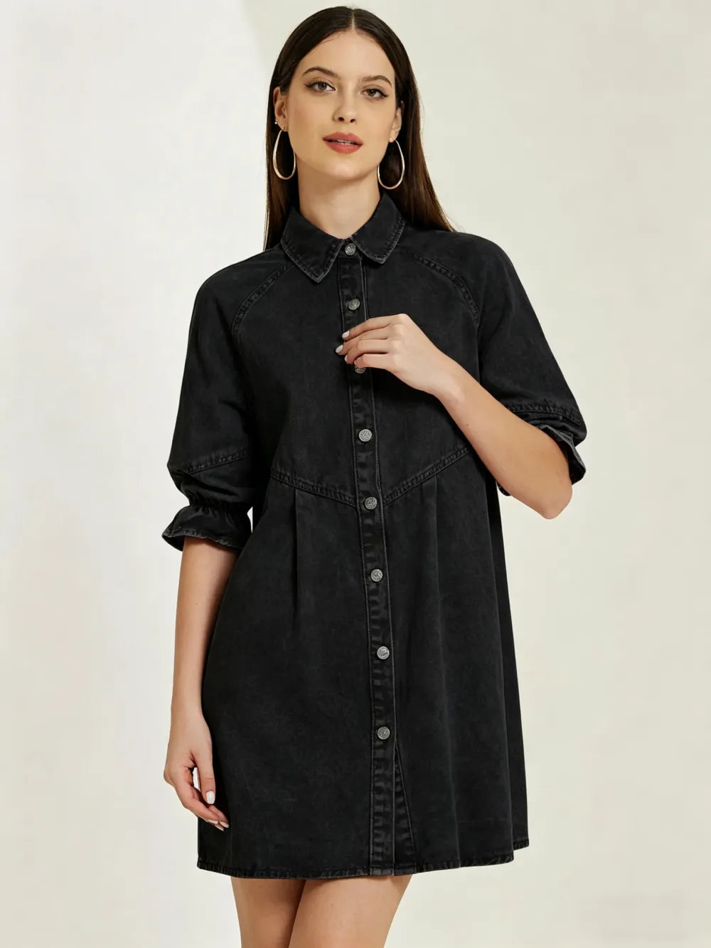 3/4 Lantern Sleeve Babydoll Mini Jean Denim Shirt Dress
