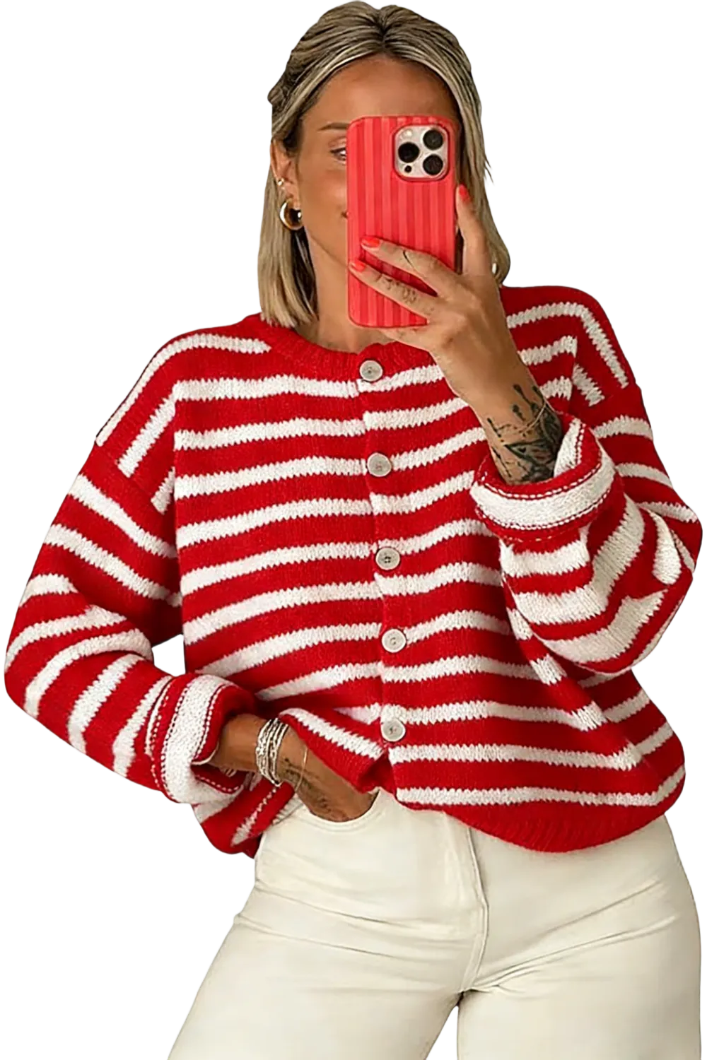 Women's striped button-up cardigan sweater