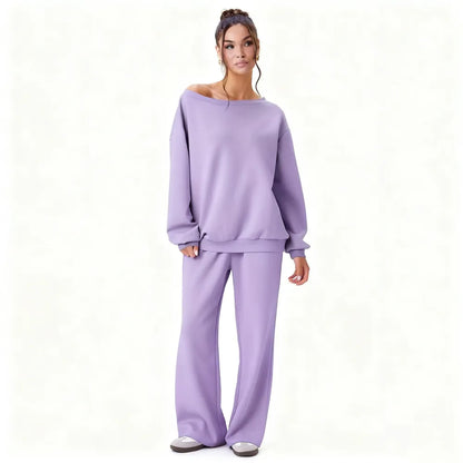 Women's Leisure Solid Color Sloping Shoulder Long Sleeve Top & Wide Leg Trousers Co-ord