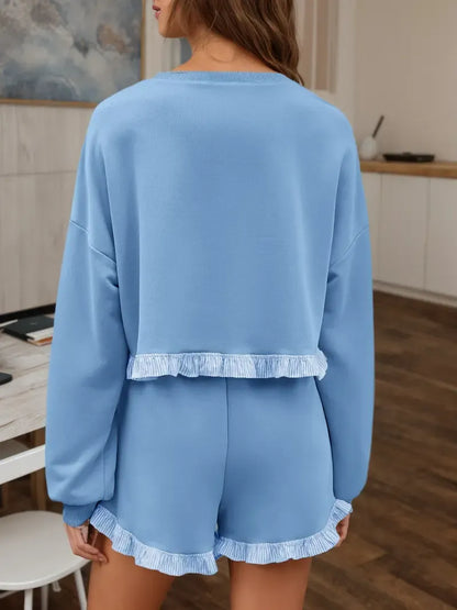Women's 2 Piece Lounge Sets Ruffle Color Block Cropped Sweatshirts