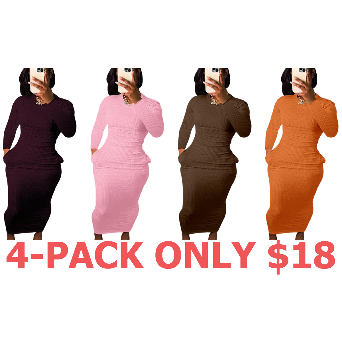 Women's Solid Pocket Long Sleeve Bodycon Dress