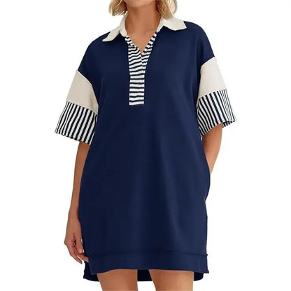 V Neck Summer Color Block Short Sleeve Mini Dress