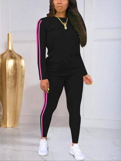 Women's Striped Print Long Sleeve & Pants Two-piece Set