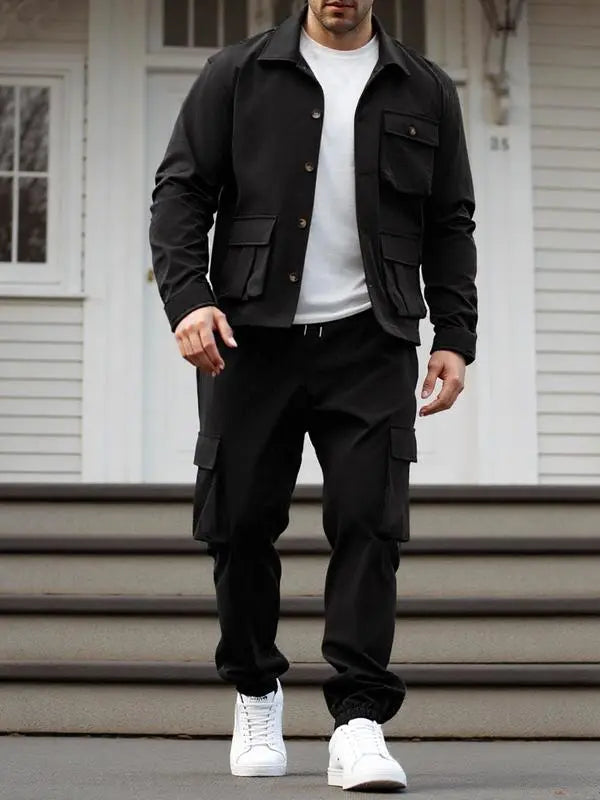 Men's Solid Color Pocket Button Front Shirt & Pants Two-Piece Set