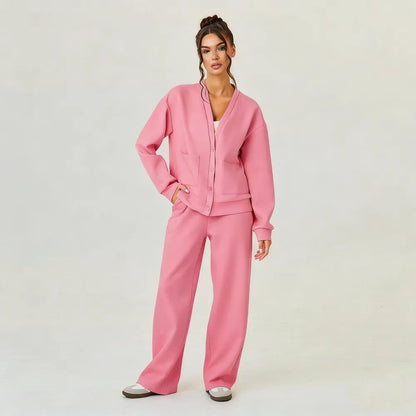 Women's Slouchy Solid Color V Neck Long Sleeve Button Cardigan & Drawstring Waist Trousers Co-ord