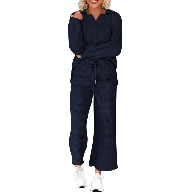 Women 2-Piece Outfit 2025 Fall Winter Lapel V Neck Long Sleeve Pullover and Wide Leg Pants Lounge Sets Pockets