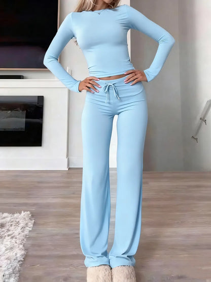 Women's Solid Long Sleeve Crop Top & Drawstring Waist Straight Leg Pants Loungewear Set