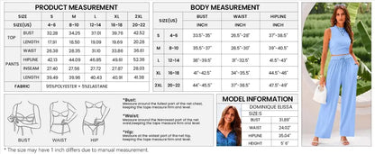 Women Summer 2 Piece Outfits 2026 Beach Crew Neck Sleeveless Cropped Top Elastic Waist Wide Leg Pants Lounge Set