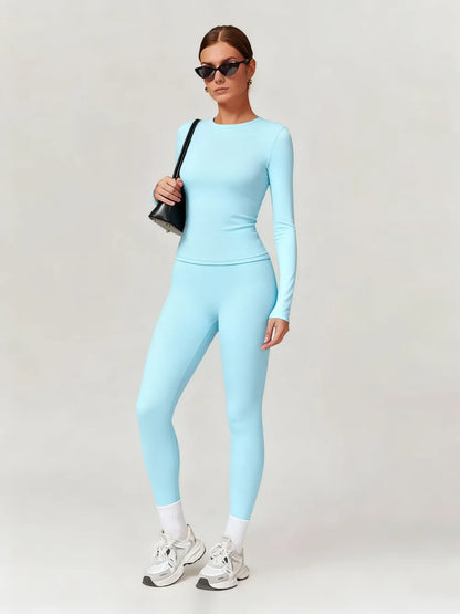 Women's Solid Long Sleeve Skinny & High Waist Leggings Tracksuit Set