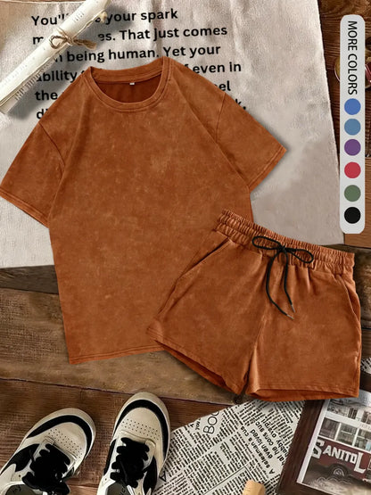Two-piece Set Women's Solid Color Denim-effect Print Tee & Shorts