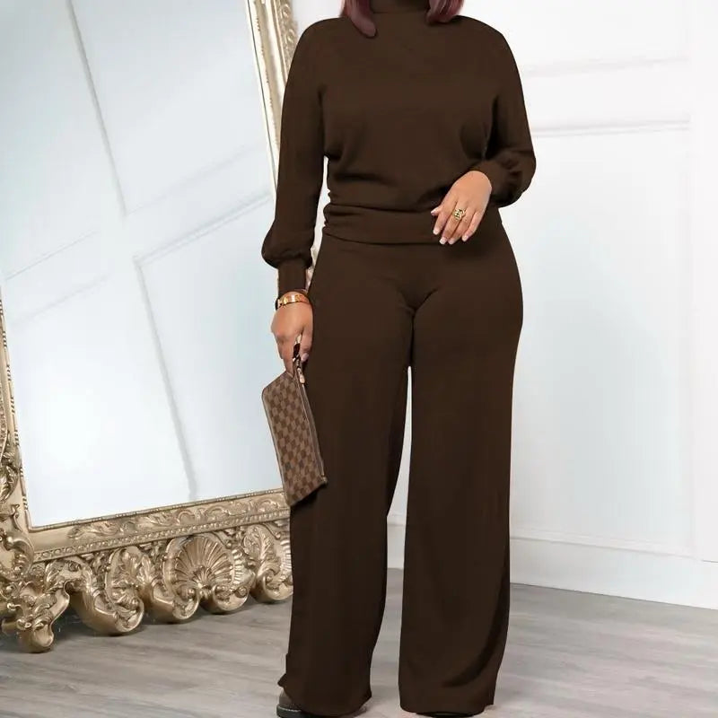 Women Fall Winter Long Sleeve Semi High Neck Loose Top & Wide Leg Pants