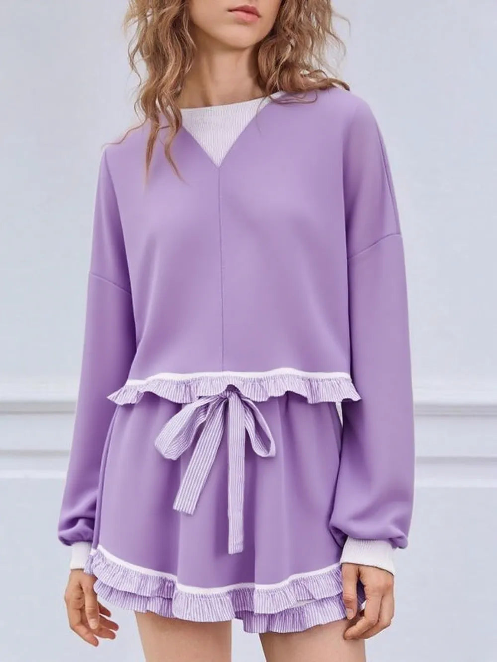 Women's 2 Piece Lounge Sets Ruffle Color Block Cropped Sweatshirts Casual Drawstring Shorts Fall Loose Sweatsuits