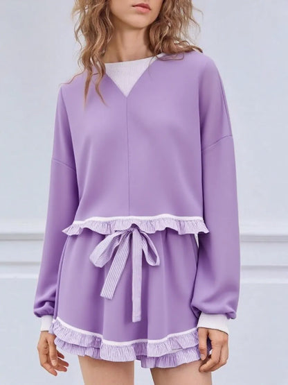 Women's 2 Piece Lounge Sets Ruffle Color Block Cropped Sweatshirts Casual Drawstring Shorts Fall Loose Sweatsuits
