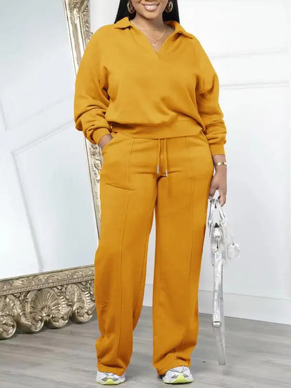 Women's Solid Long Sleeve Sweatshirt & Drawstring Waist Pants Set, Casual Fashion