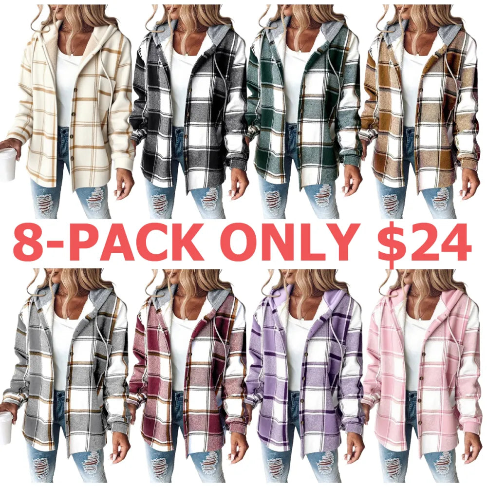 Women's Plaid Pattern Long Sleeve Shacket Button Down Fleece Lined Hooded Jackets Warm Coat Casual Womenswear Comfort Outdoor Soft