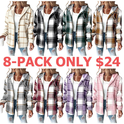 Women's Plaid Pattern Long Sleeve Shacket Button Down Fleece Lined Hooded Jackets Warm Coat Casual Womenswear Comfort Outdoor Soft