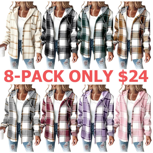 Women's Plaid Pattern Long Sleeve Shacket Button Down Fleece Lined Hooded Jackets Warm Coat Casual Womenswear Comfort Outdoor Soft