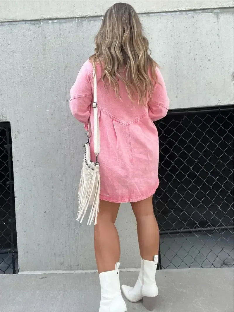 Washed Denim Puff Sleeve Mini Dress