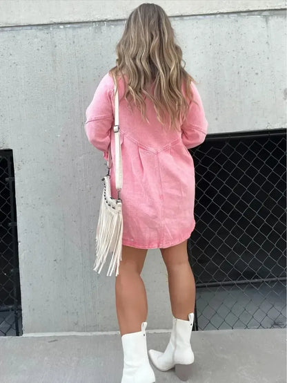 Washed Denim Puff Sleeve Mini Dress