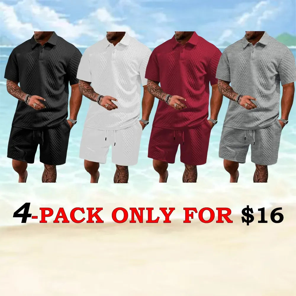 Men's Solid Polo & Drawstring Shorts Set Cozy, Breathable for Daily/Beach, Summer Casual