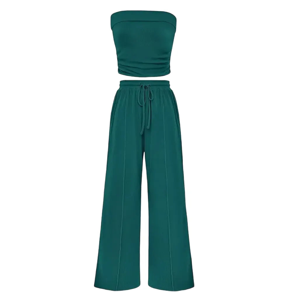 Women's Summer Outfits 2 Piece Sets Casual Ribbed Knit Crop Top & Wide Leg Pants