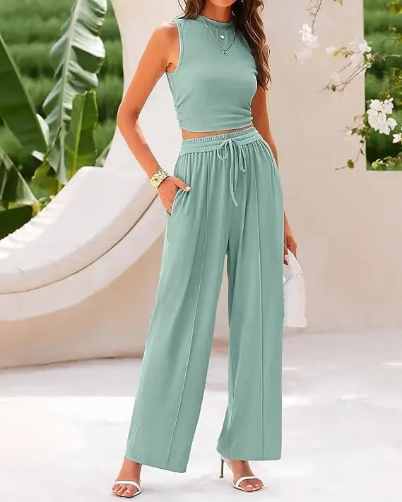 Women Summer 2 Piece Outfits 2026 Beach Crew Neck Sleeveless Cropped Top Elastic Waist Wide Leg Pants Lounge Set