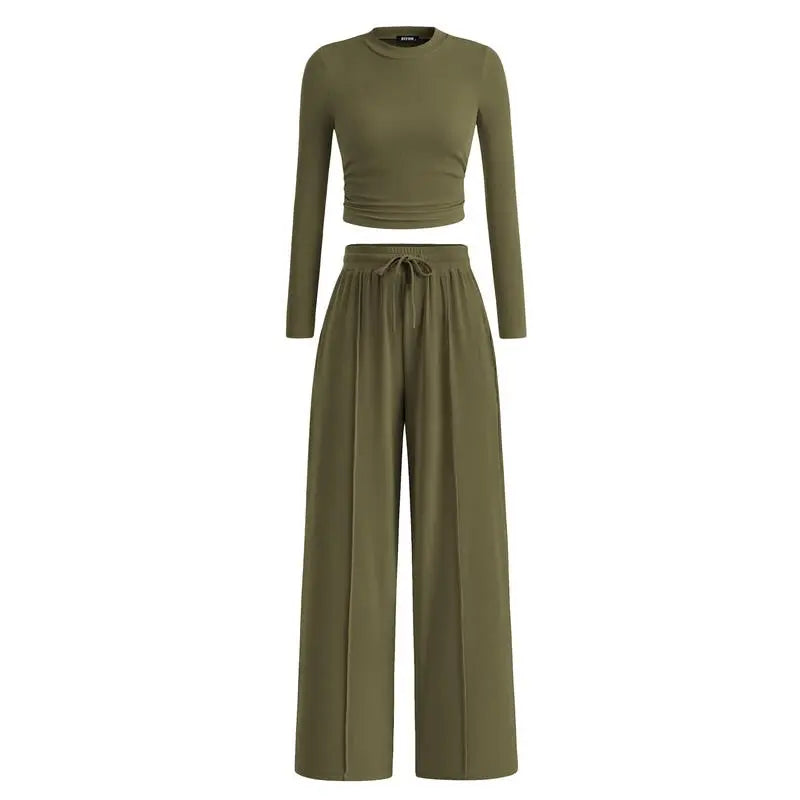 ✨2-Piece Ribbed Knit Long Sleeve Crop Top Wide Leg Pants Lounge Set🔥
