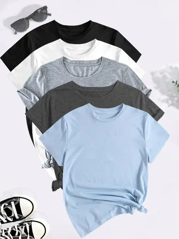 Women's Solid Round Neck Tee, Casual Short Sleeve Crew Neck T-Shirt for Summer